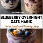 Mason jar filled with Blueberry Overnight Protein Oats topped with fruit and seeds for Quick And Easy Overnight Oats.